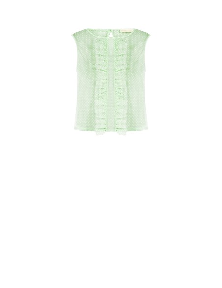 Blusa Quadrada Transparente em Tule às Bolinhas com Folhos Rinascimento
