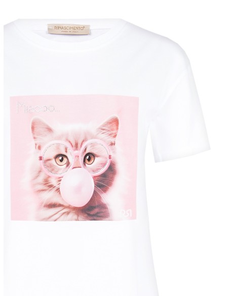 T-shirt regular em algodão com estampa de gato com óculos em strass Rinascimento