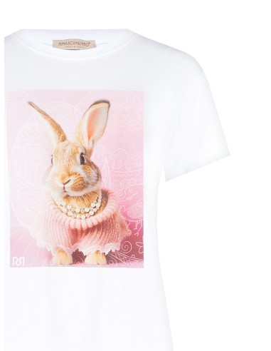 T-Shirt ampla em algodão com estampado de coelho e pérolas Rinascimento