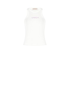 Top justo canelado em algodão com slogan lilás bordado Rinascimento