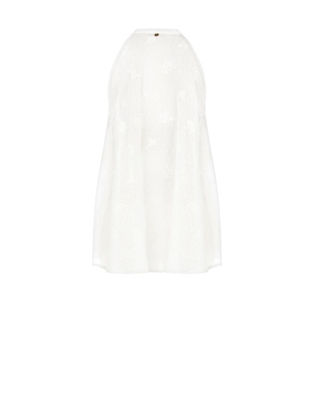 Top Assimétrico Longo em Algodão às Riscas Bordado e Perfurado Rinascimento