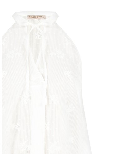 Top Assimétrico Longo em Algodão às Riscas Bordado e Ajourado Rinascimento