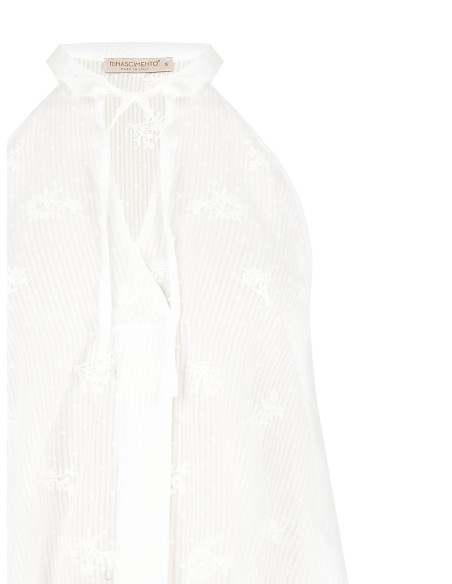 Top Assimétrico Longo em Algodão às Riscas Bordado e Ajourado Rinascimento