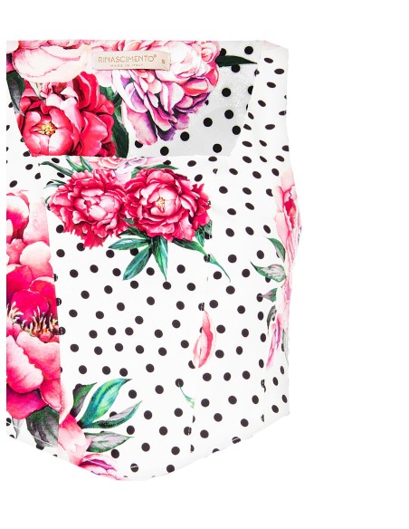 Top bustier curto estampado com flores e poás em tecido crepe, com decote quadrado e fecho lateral Rinascimento