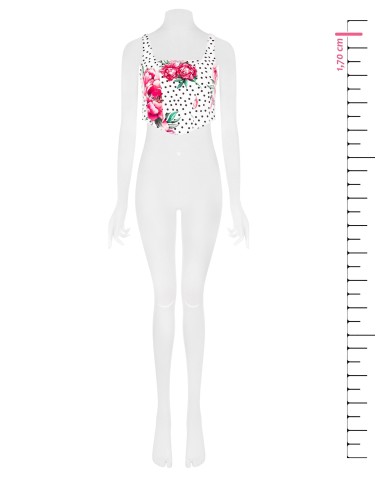 Top curto bustier com estampa de flores e bolinhas em tecido crepe com decote quadrado e fecho de correr lateral Rinascimento