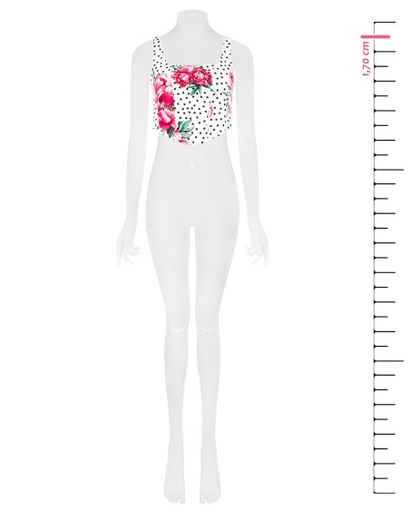 Top curto bustier com estampa de flores e bolinhas em tecido crepe com decote quadrado e fecho de correr lateral Rinascimento