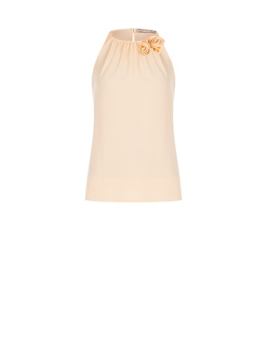 Blusa Fluida em Corte Trapezoidal em Cetim Opaco com Rosas Rinascimento