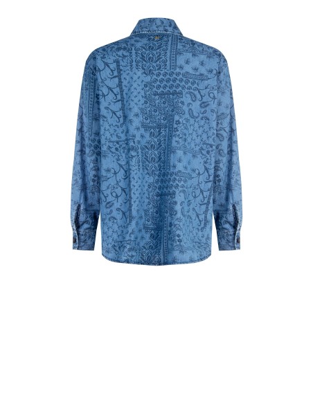 Camisa Ampla Longa em Denim Leve Estampado com Maxi Bolsos Rinascimento