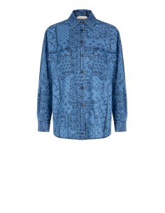 Camisa ampla longa em denim leve estampado com maxi bolsos Rinascimento