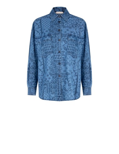Camisa ampla longa em denim leve estampado com maxi bolsos Rinascimento