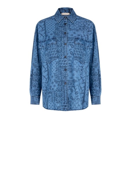 Camisa ampla longa em denim leve estampado com maxi bolsos Rinascimento