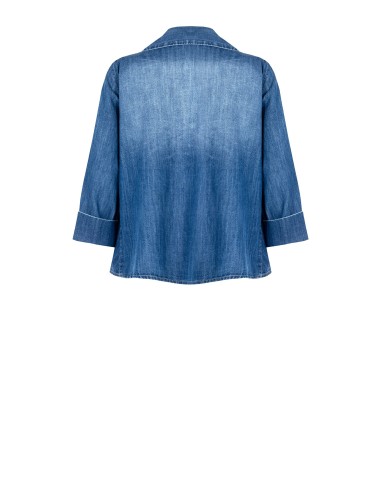 Camisa Ampla em Corte Trapézio de Denim com Mangas 3/4 Rinascimento