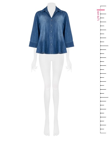 Camisa ampla com corte trapezoidal em denim e mangas 3/4 Rinascimento