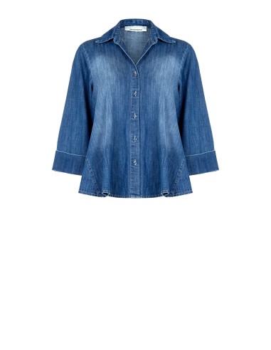 Camisa Ampla em Corte Trapezoidal em Ganga com Mangas 3/4 Rinascimento