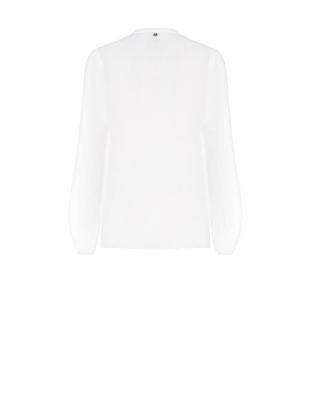 Camisa Ampla Em Algodão Semi-Transparente Com Broche Em Forma De Flor E Botões Em Madrepérola Rinascimento