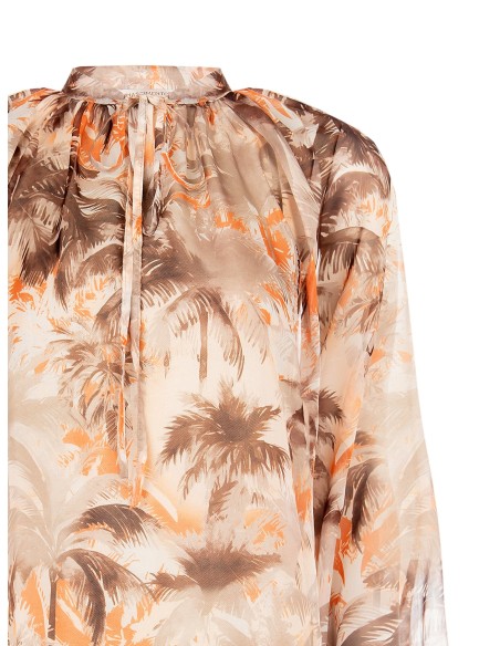 Blusa Ampla E Fluida Em Chiffon Estampado Com Tiras No Decote Rinascimento