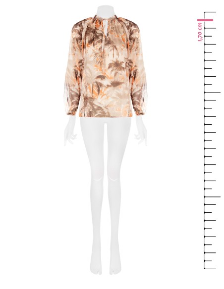 Blusa ampla e fluida em chiffon estampado com cordões no decote Rinascimento