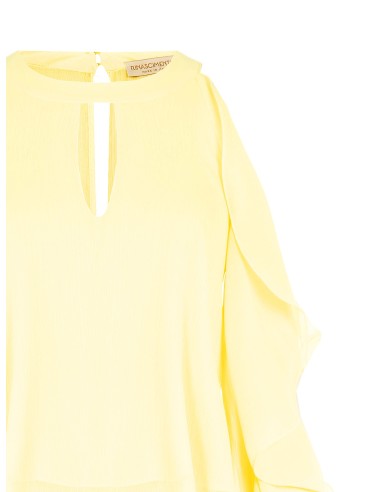 Blusa ampla em georgette com recorte e folhos nas mangas Rinascimento