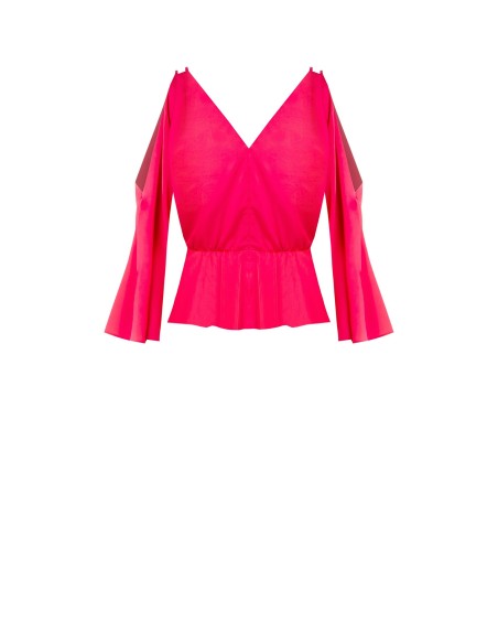 Top curto em cetim com decote cruzado e recorte na manga Rinascimento