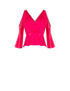 Top curto em cetim com decote cruzado e recorte na manga Rinascimento