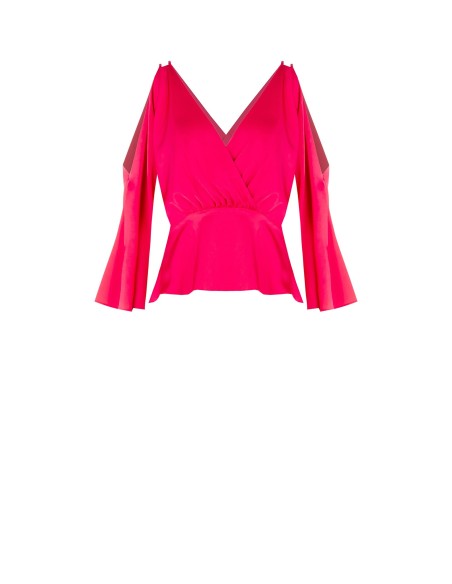 Top curto em cetim com decote cruzado e recorte na manga Rinascimento