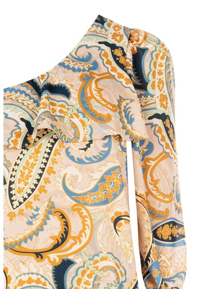 Top de um ombro só ajustado com folho Rinascimento