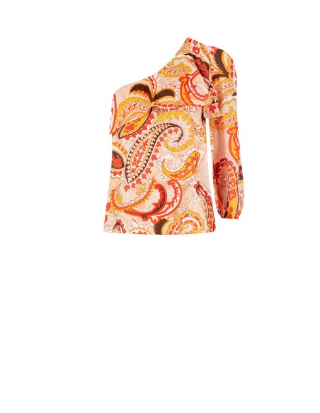 Top de um ombro só acinturado com folho Rinascimento