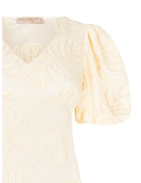 Top acinturado em algodão com bordados de folhas e decote em V Rinascimento