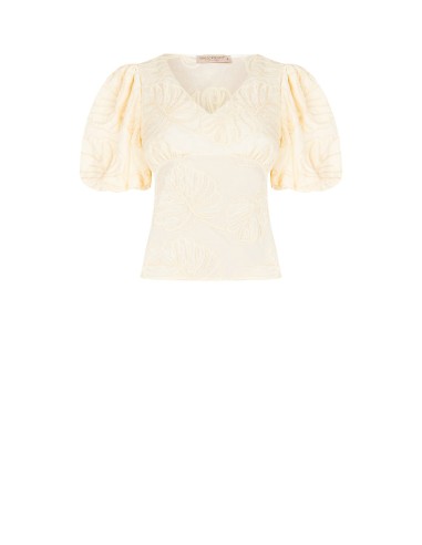 Top acinturado em algodão com bordados de folhas e decote em V Rinascimento