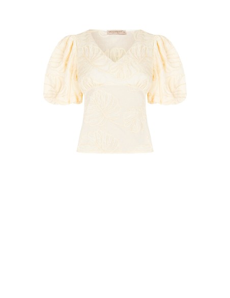 Top acinturado em algodão com bordados de folhas e decote em V Rinascimento