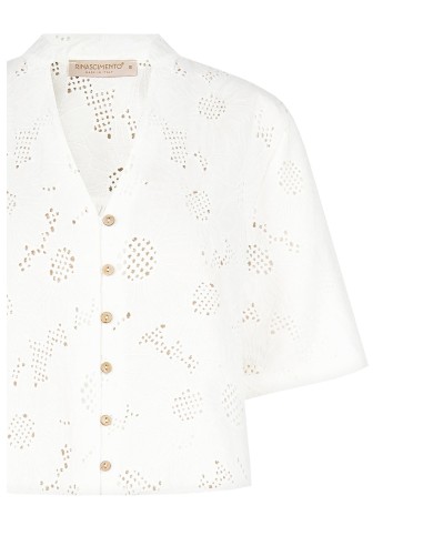 Camisa Ampla em Mistura de Algodão Bordada com Flores e Ajourada com Decote em V Rinascimento