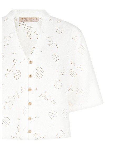 Camisa Ampla em Mistura de Algodão Bordada com Flores e Ajourada com Decote em V Rinascimento