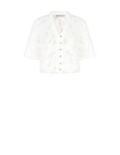 Camisa ampla em mistura de algodão, bordada com flores e com detalhes vazados, com decote em V Rinascimento