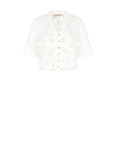 Camisa ampla em mistura de algodão, bordada com flores e com detalhes vazados, com decote em V Rinascimento