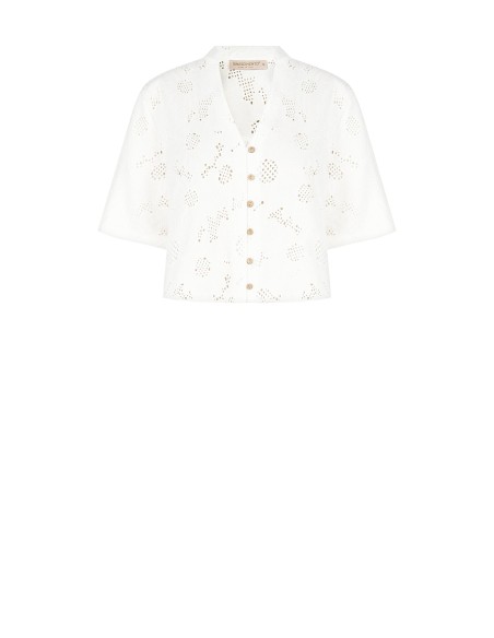 Camisa ampla em mistura de algodão, bordada com flores e com detalhes vazados, com decote em V Rinascimento