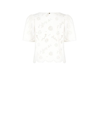 Blusa Ampla em Mistura de Algodão Bordada com Flores e com Motivos Vazados Rinascimento