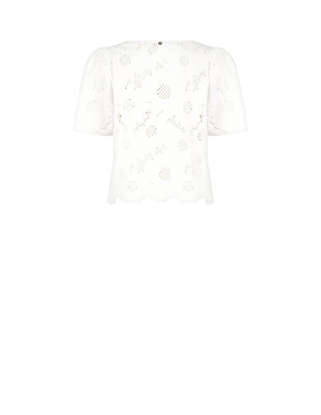 Blusa Ampla em Mistura de Algodão Bordada com Flores e com Motivos Vazados Rinascimento