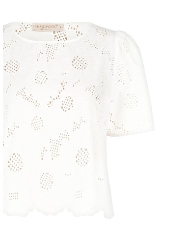 Blusa ampla em mistura de algodão, bordada com flores e com trabalhos vazados Rinascimento