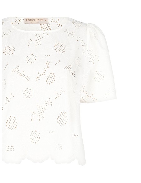 Blusa ampla em mistura de algodão, bordada com flores e com trabalhos vazados Rinascimento