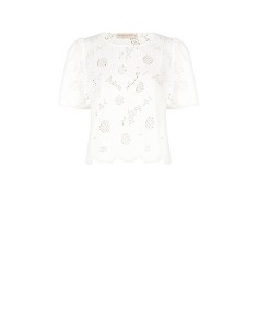 Blusa Ampla Em Mistura De Algodão Bordada Com Flores E Com Motivos Vazados Rinascimento