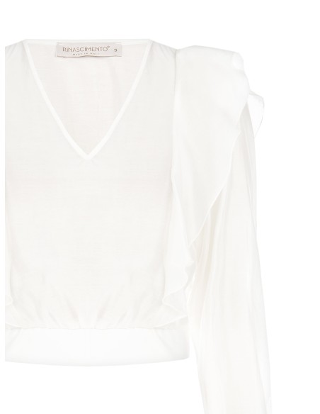 Blusa com mangas balão em fibra ecológica com decote em V Rinascimento