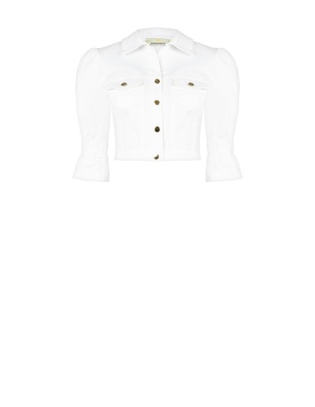 Casaco cropped em ganga elástica com bolsos pequenos Rinascimento