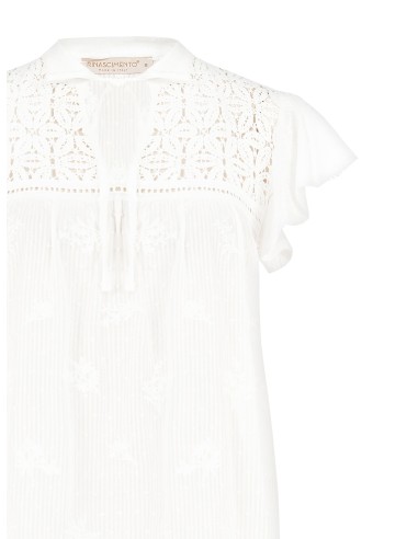 Blusa ampla em algodão às riscas, bordada e ajouré Rinascimento
