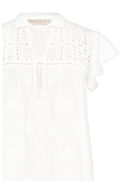 Blusa ampla em algodão às riscas, bordada e ajouré Rinascimento