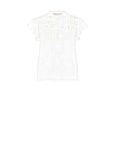 Blusa Ampla em Algodão às Riscas Bordada e com Vazados Rinascimento