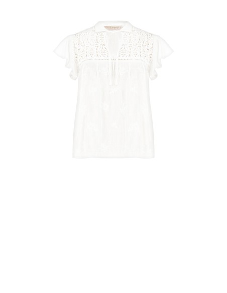 Blusa Ampla em Algodão às Riscas Bordada e com Vazados Rinascimento