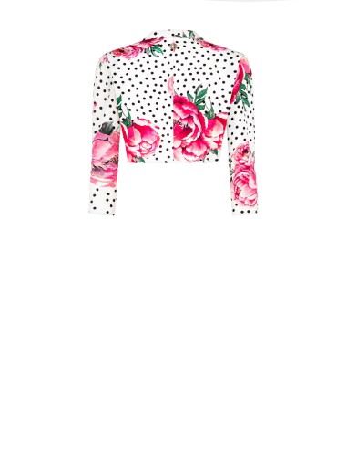 Casaco cropped com estampado de flores e bolinhas em tecido crepe com fecho de gancho e alças Rinascimento