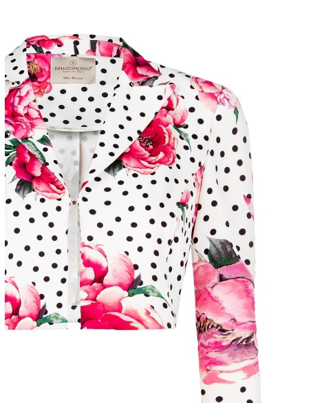Casaco cropped estampado de flores e bolinhas em tecido crepe com fecho de gancho e alças Rinascimento