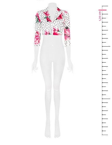 Casaco cropped estampado de flores e pois em tecido crepe com fecho de gancho e alças Rinascimento