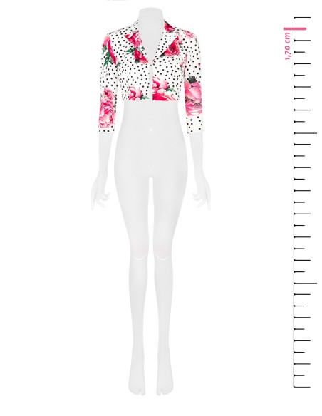Casaco cropped estampado de flores e pois em tecido crepe com fecho de gancho e alças Rinascimento